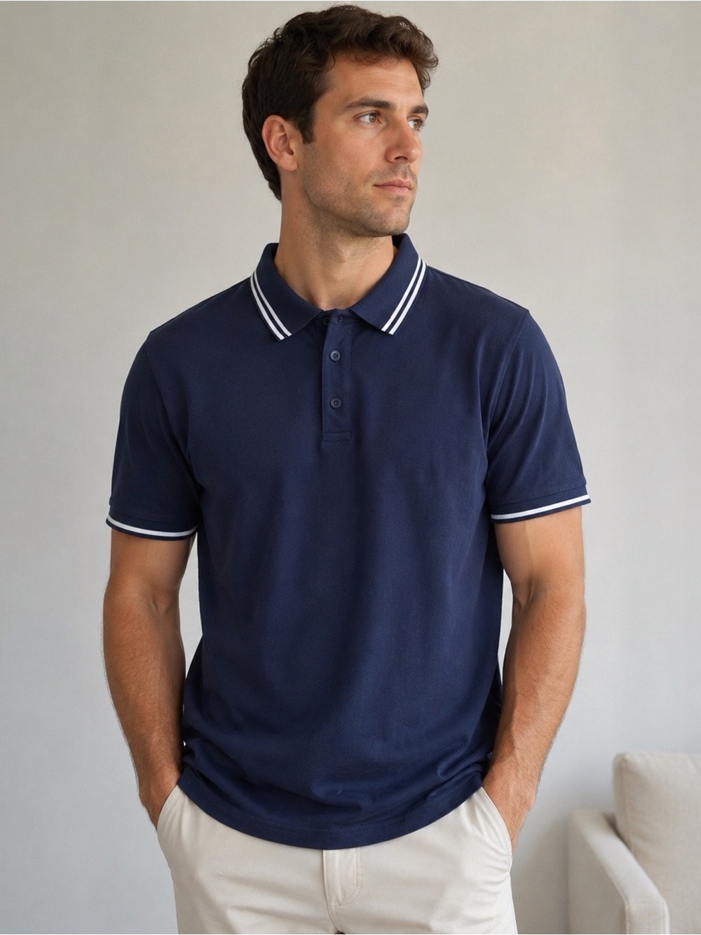 Men's/Boys XL Navy/White Solid Short Sleeve Collared Polo Shirt